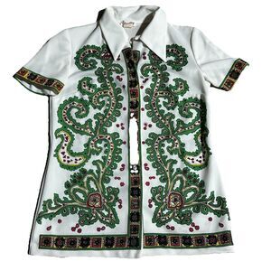 Vintage 70s Psychedelic Tunic Top Bold Paisley Floral Print Collared Shirt